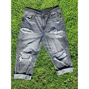 American Eagle Comfort Stretch Capri Black Wash Distressed Ripped Shorts Size 16